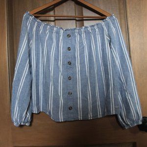 Linen-blend, Denim Blue and White Striped Blouse Cottagecore